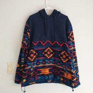 RSQ Sweatshirt Mens XL Blue Aztec Southwestern 1/4Zip Hood Pocket Fleece